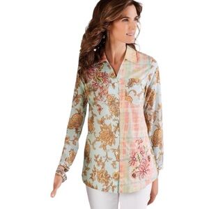 Soft Surroundings Descana Button Up Tunic Aquatic Multi Embellished Mix Media L